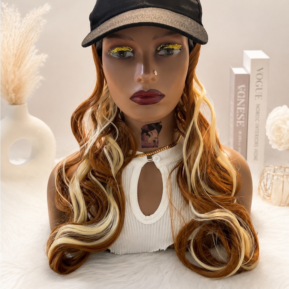 Long hundred percent Synthetic Wig Hat Cap – Copper Brown & Blonde Highlights